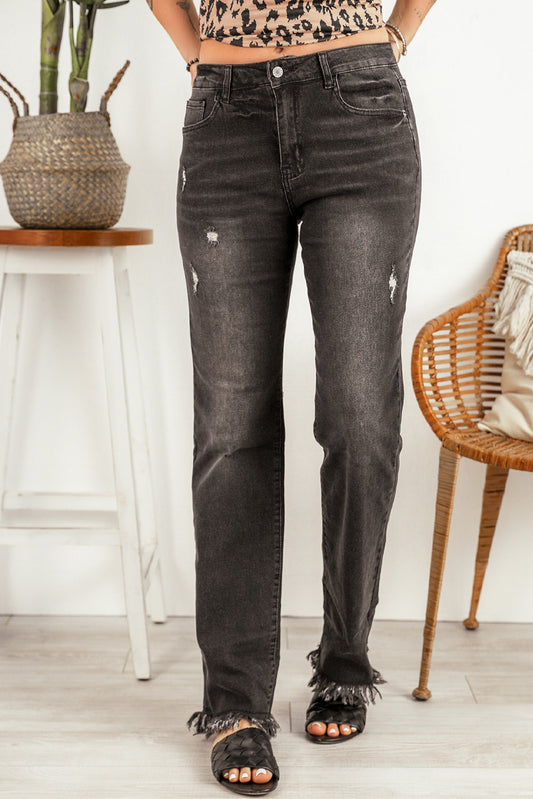 Black Raw Hem High Waist Straight Leg Jeans