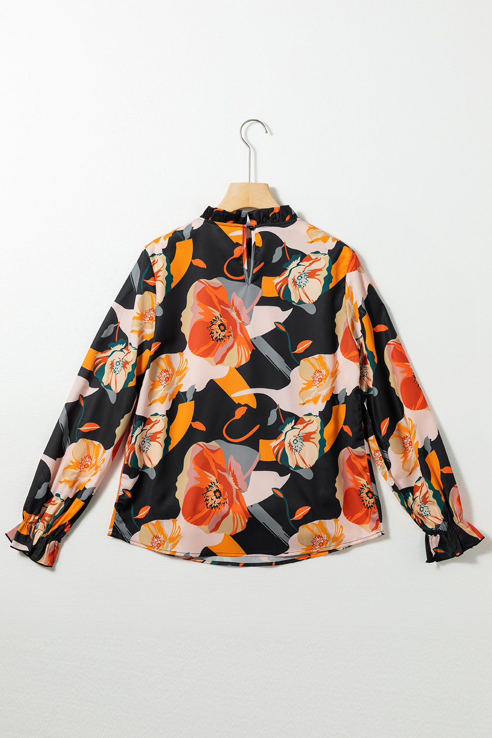 Black Floral Frilled Neck Peasant Sleeve Blouse