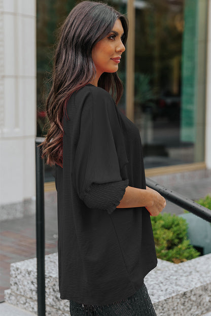 Black Plain Batwing Sleeve Business Casual Blouse for Women