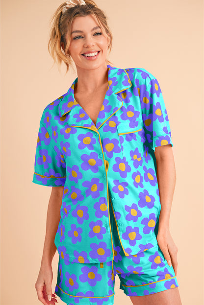 Green Flower Print Buttoned Shirt and Drawstring Waist Pajama Set