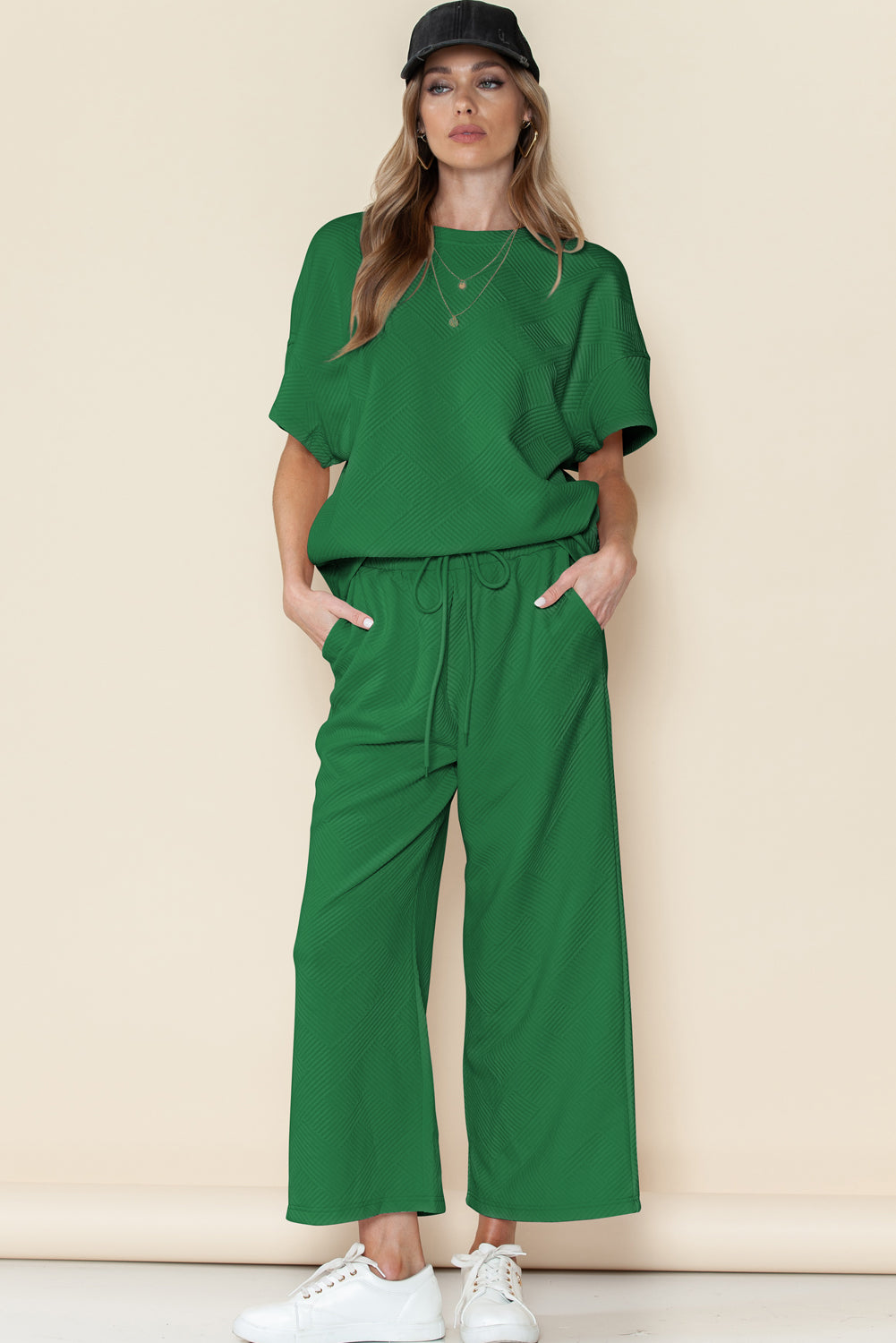 Dark Green Textured Loose Fit T Shirt and Drawstring Pants Set