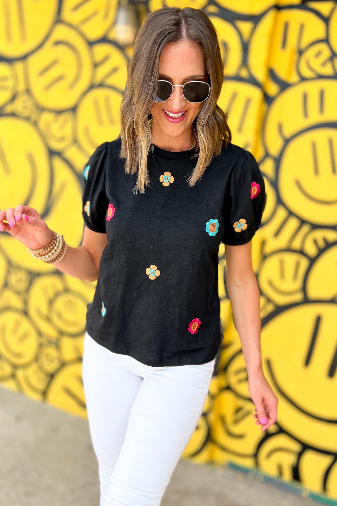 Black Embroidered 60s Flower Short Puff Sleeve Tee