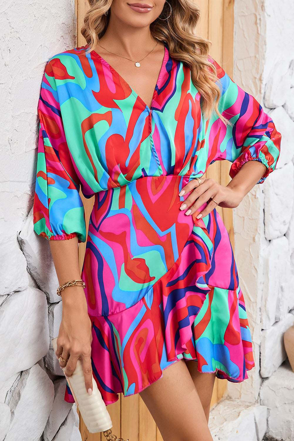 Wholesale Multicolor Abstract Printed V Neck Dolman Sleeve Ruffle Wrap Dress