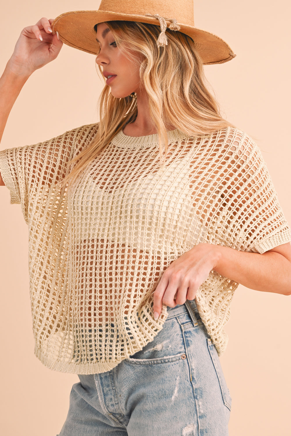 Apricot Fishnet Knit Ribbed Round Neck Short Sleeve Tee