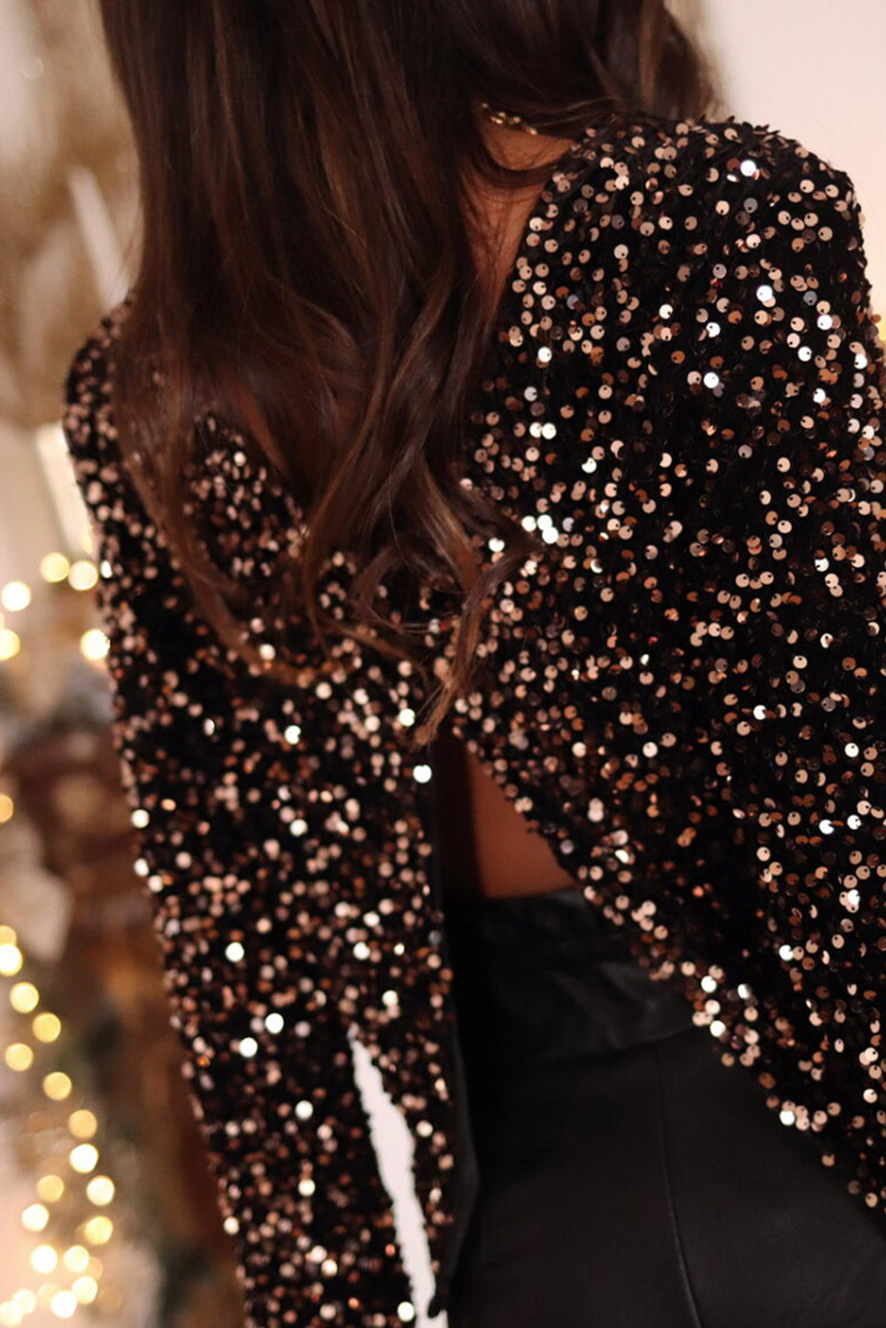 Black Sequin Cutout Back Long Sleeve Top