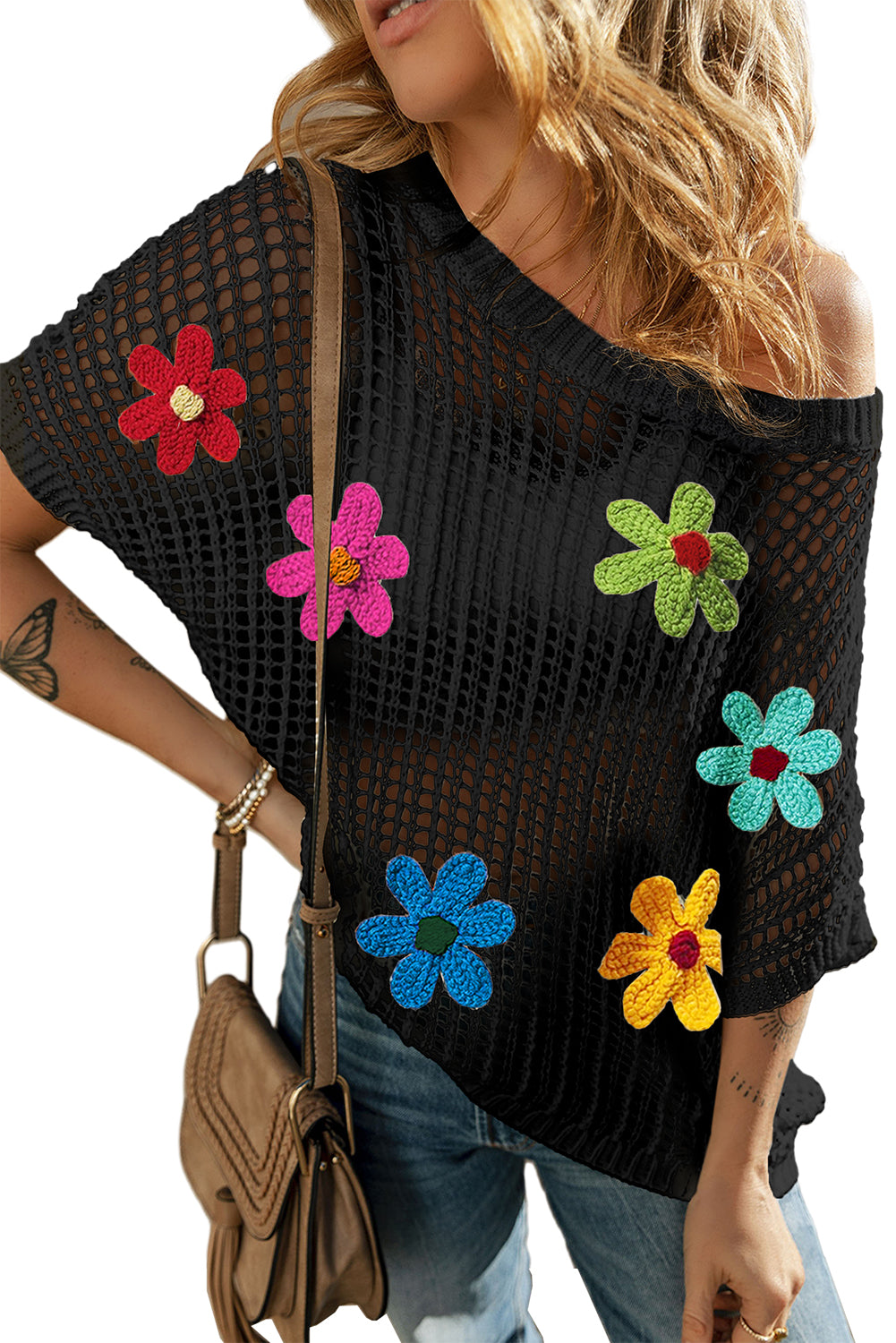 Black Hollowed Crochet Colorful Flower Loose Knit T Shirt