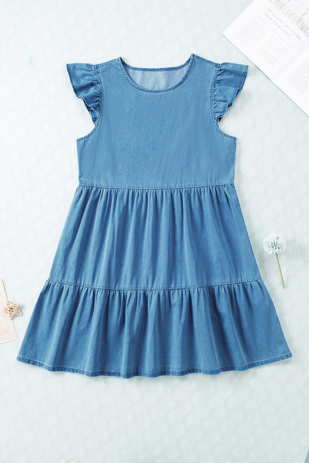 Blue Ruffle Sleeve Casual Short Denim Dress