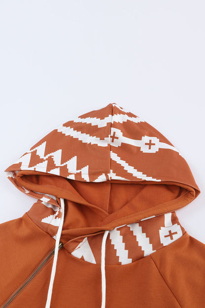 Brown Geometric Pattern Pullover Hoodie with Pockets