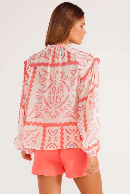 Abstract Print V Neck Smocked Long Sleeve Blouse