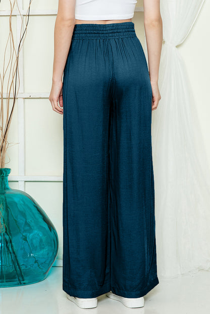 Black Plain Drawstring Shirred Elastic Waist Wide Leg Pants