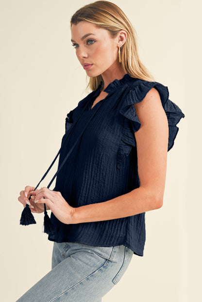 Navy Blue V Neck Flutter Shoulder Textured Blouse