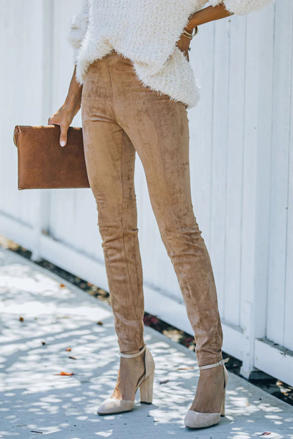 Khaki Mid Rise Faux Suede Skinny Leggings