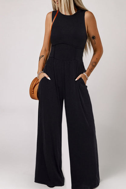 Blackish Green Sleeveless High Waist Wide Leg Jumpsuit