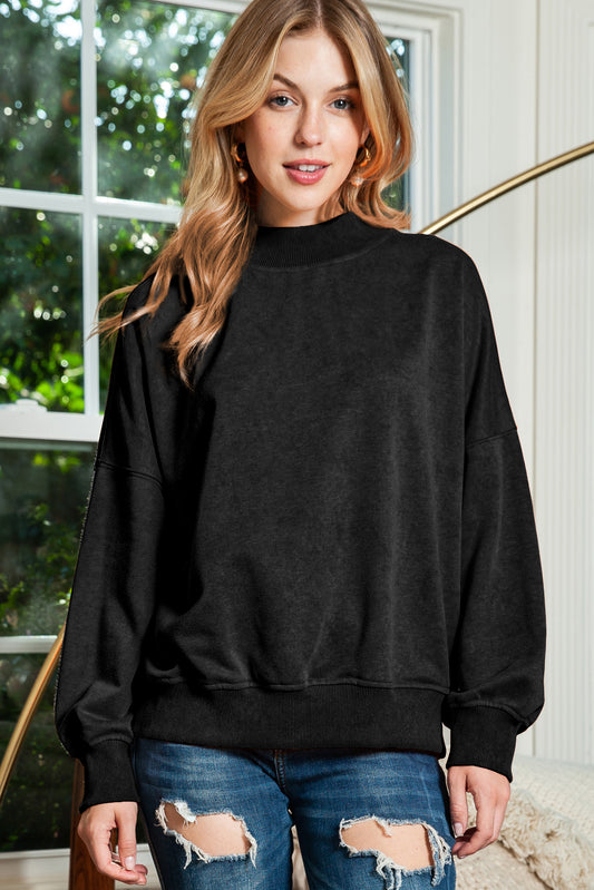 Black Plain Drop Shoulder Crew Neck Pullover Sweatshirt