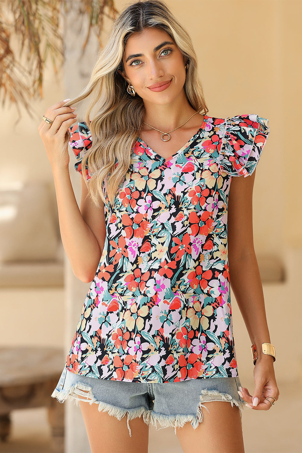 Multicolour Boho Floral Print Ruffle Blouse