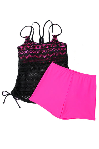 Rosy Color Block Lace Drawstring Tie Tankini Swimsuit