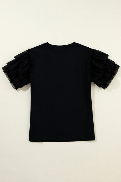 Black Plain Tulle Round Neck Ruffle Sleeve Blouse