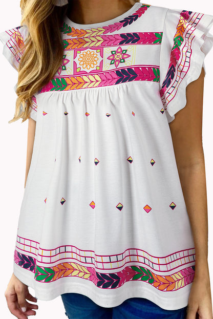 White Abstract Print Ruffle Boho Babydoll Top