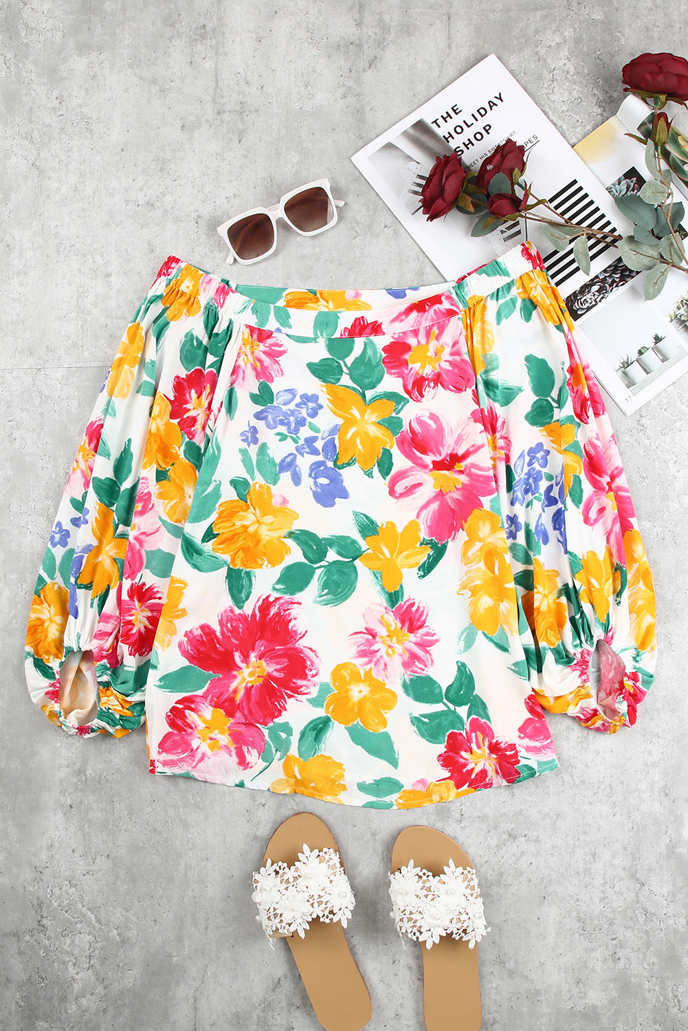 Watercolor Bohemian Flower Print Off Shoulder Blouse