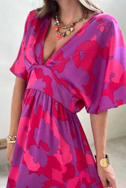 Rose Abstract Floral Print V Neck Split Maxi Dress