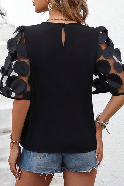 Black Applique Mesh Keyhole Back Splicing Sleeve Blouse