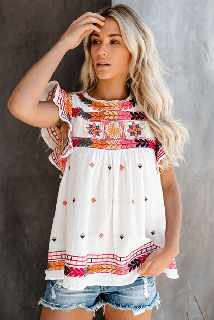 White Abstract Print Ruffle Boho Babydoll Top