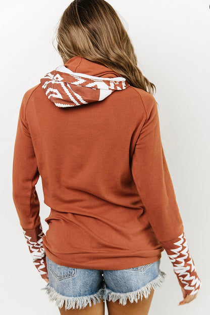 Brown Geometric Pattern Pullover Hoodie with Pockets