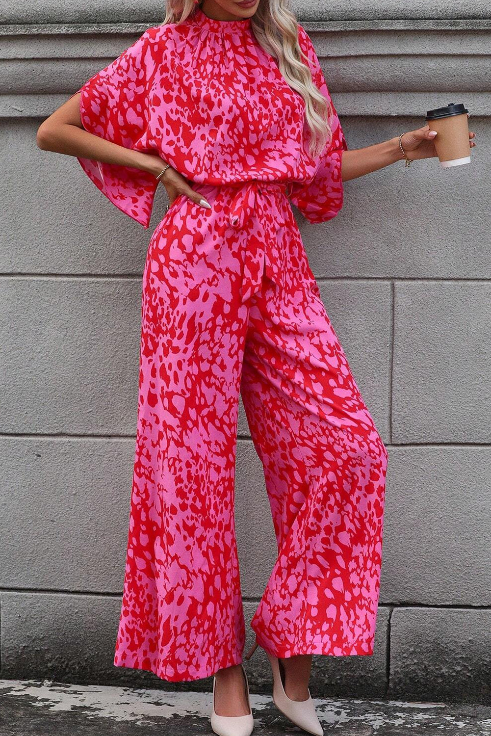 Rose Leopard Print Flounce Sleeve Belted Wide Leg Jumpsuit