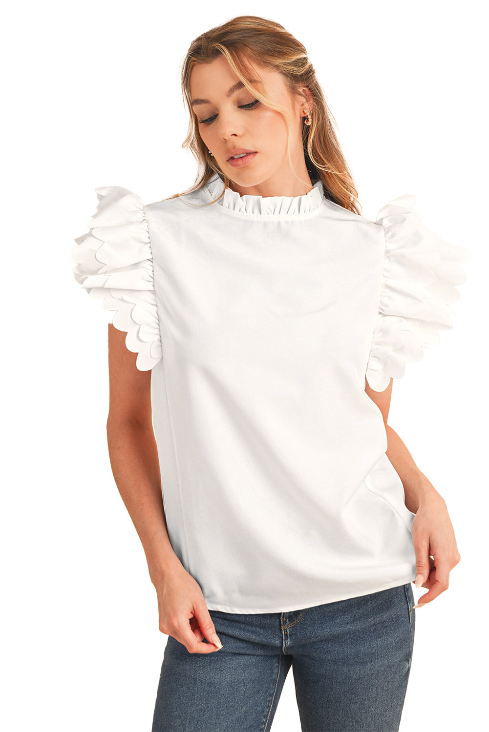 White Solid Color Scalloped Ruffle Sleeve Blouse