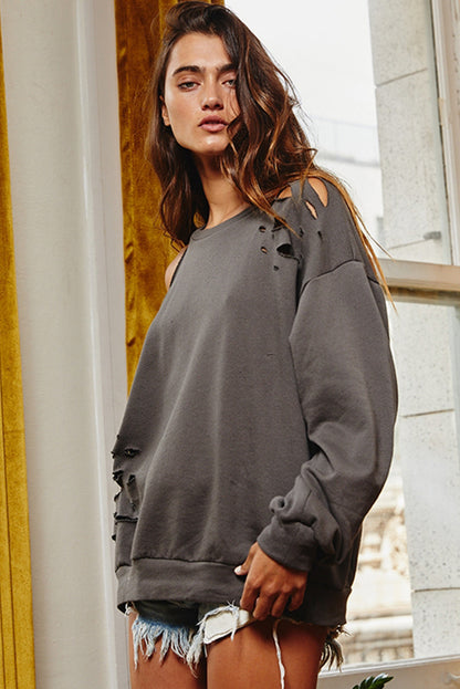 Grey Ripped Cold Shoulder Drop Sleeve Top