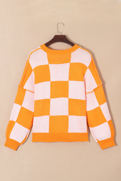 Grapefruit Orange Sequined Halloween Pumpkin Checkered Sweater