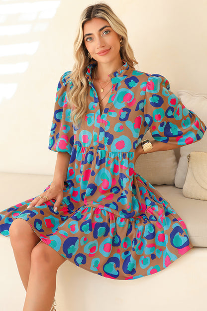 Green Waterclolor Print Bubble Sleeve Frilled V Neck Mini Ruffle Dress