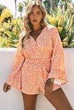 Orange Animal Spotted Print V Neck Flounce Sleeve Romper