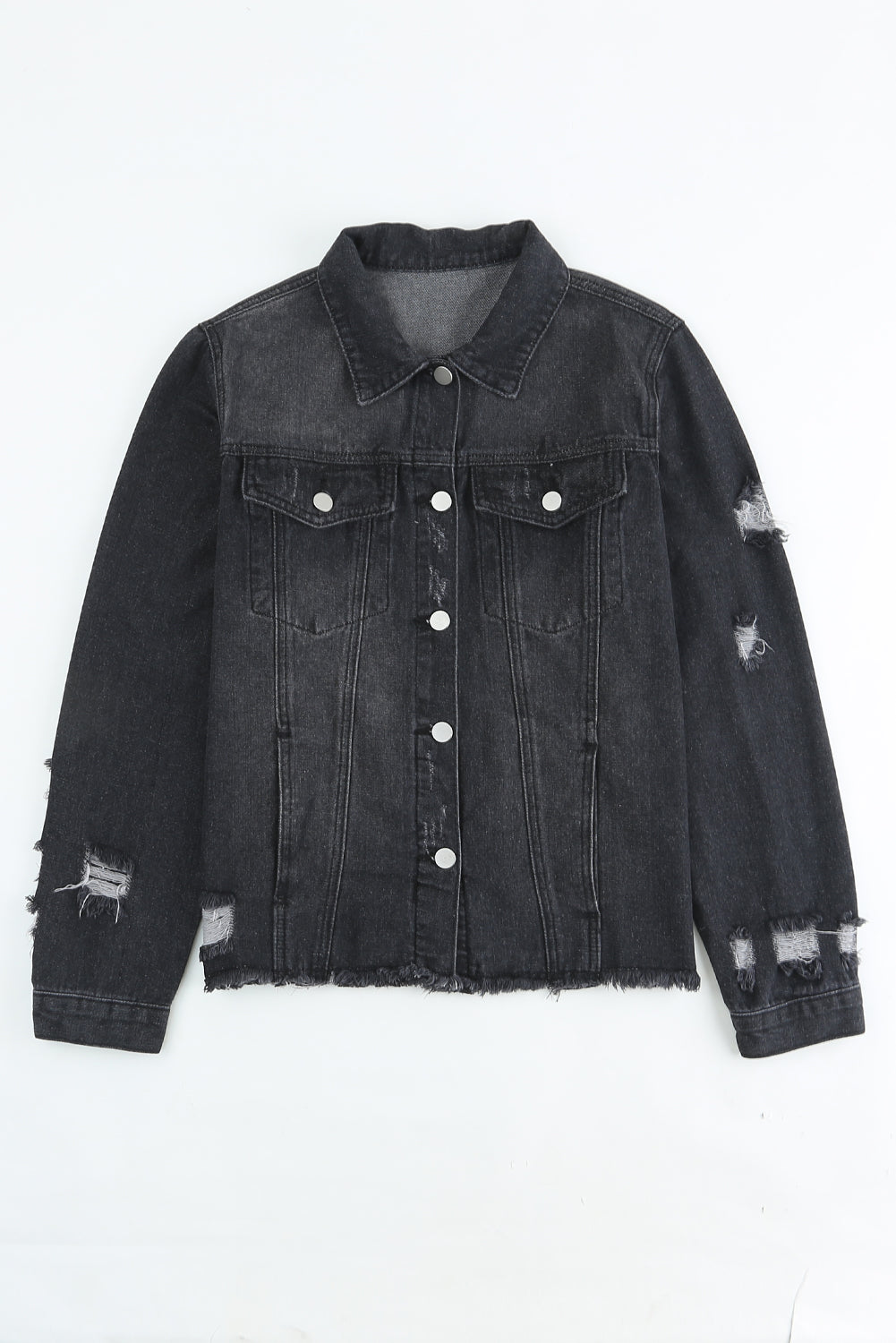 Black Casual Distressed Raw Hem Buttons Denim Jacket