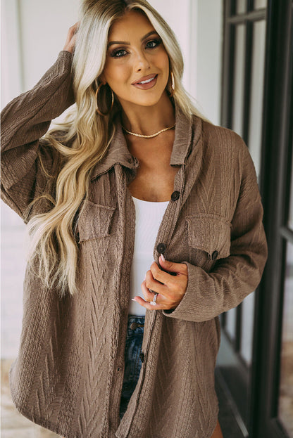 Khaki Casual Textured Button Front Oversized Knit Shacket