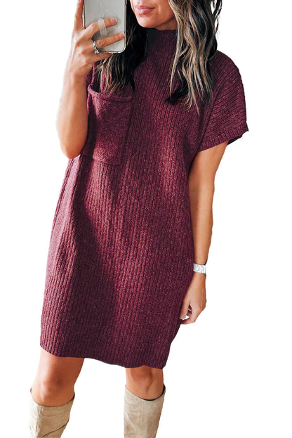 Oatmeal Patch Pocket Ribbed Knit Short Sleeve Sweater Dress