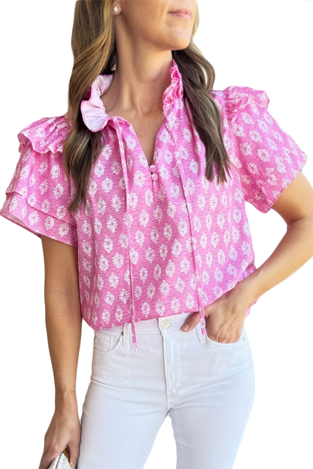 Pink Vintage Floral Ruffled Split Neck Layered Sleeve Blouse