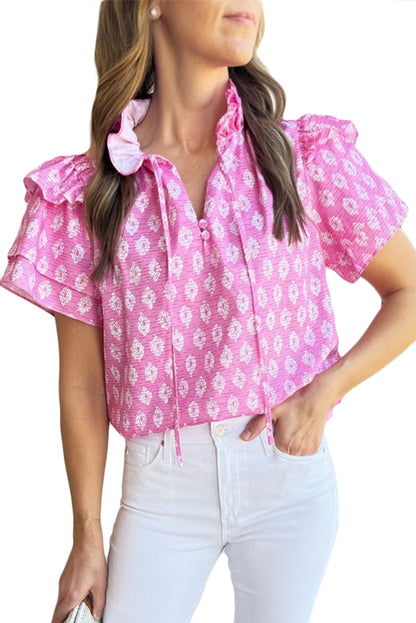 Pink Vintage Floral Ruffled Split Neck Layered Sleeve Blouse