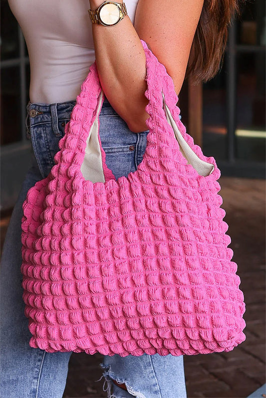 Rose Red Casual Plain Puffy Quilted Tote Bag