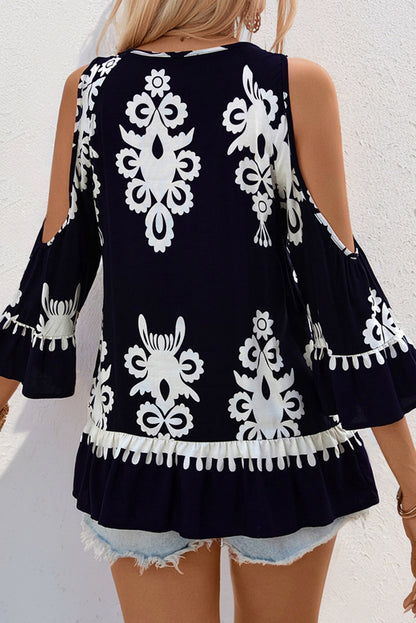 Blue Random Abstract Print Cold Shoulder Tassel Tie Front Boho Blouse