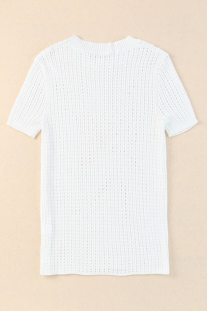 White Hollow Out Crewneck Short Sleeve Knitted Top