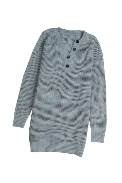 Grey Button Notched Neck Drop Shoulder Waffle Knit Sweater Dress