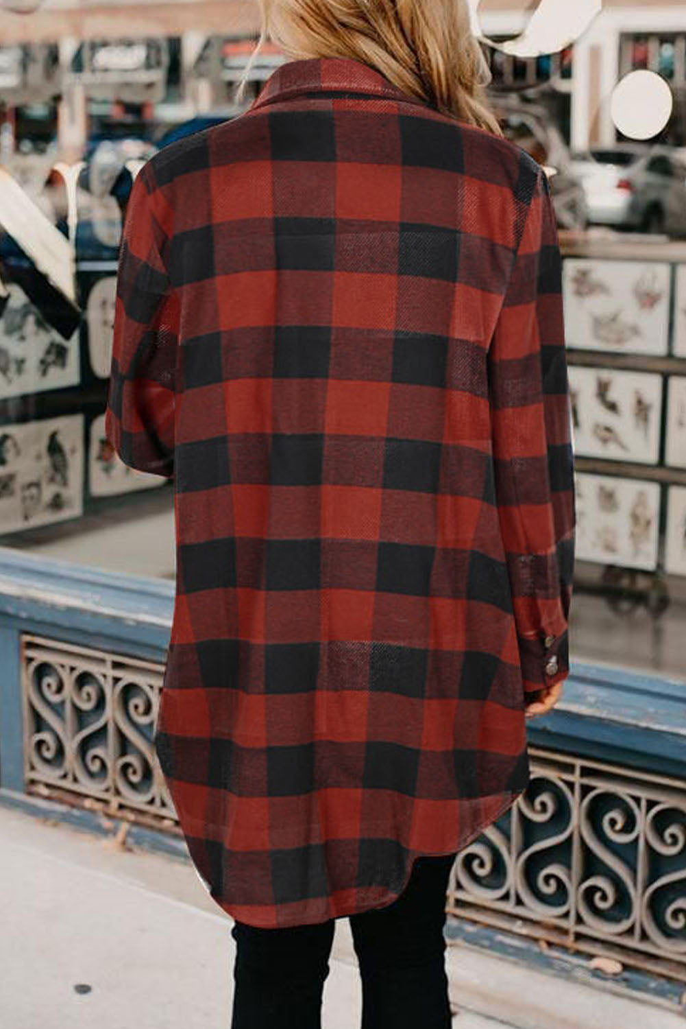 Red Plaid Collared Button Down Long Shirt Shacket