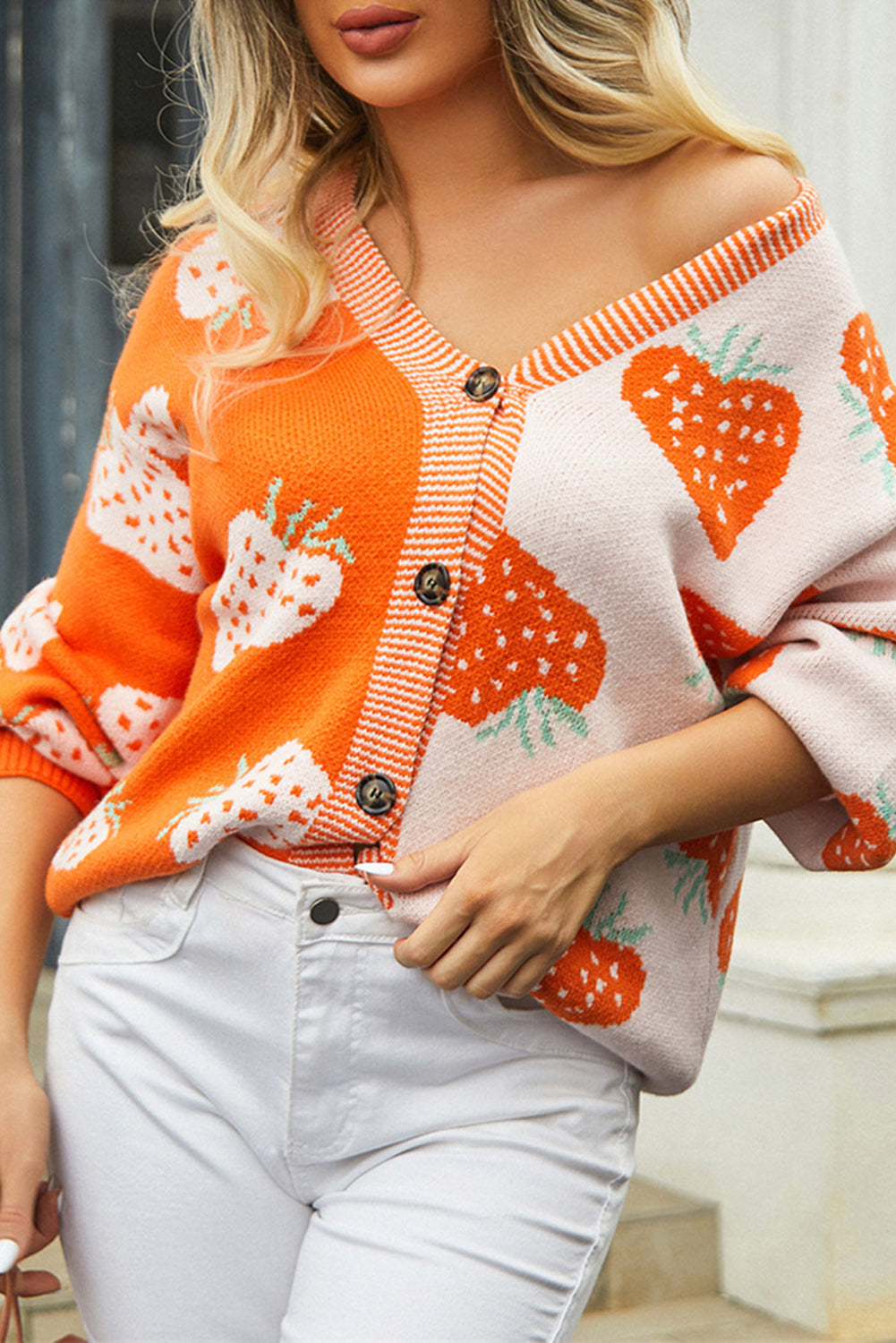 Orange Strawberry Print V-Neck Colorblock Cardigan