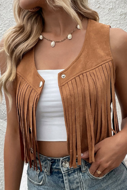 Camel Fringed Snap Button Front Cropped Suedette Vest