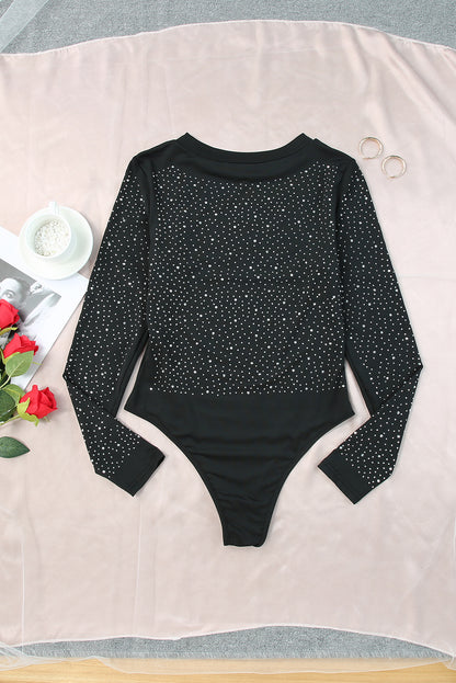 Black Rhinestone Casual Slim Fit Long Sleeve Bodysuit