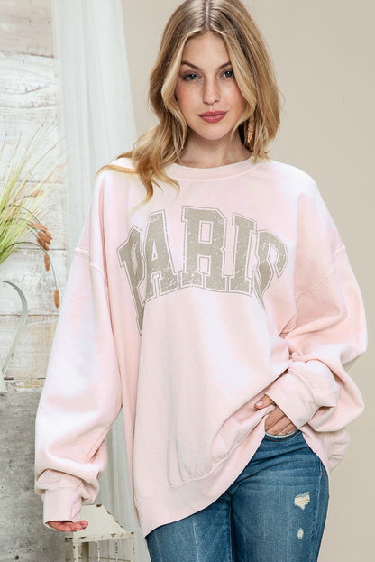 Pink PARIS Letter Print Drop Shoulder Oversized Sweatshirt