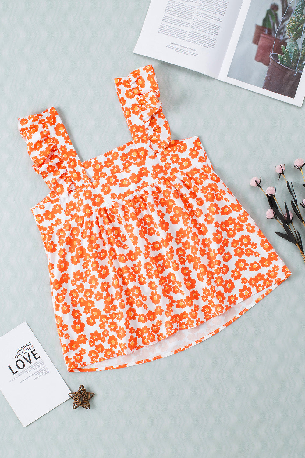 Orange Floral Print Square Neck Sleeveless Boho Top