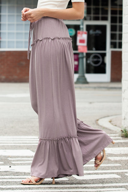 Khaki Frill Detail Drawstring High Waist Wide Leg Pants