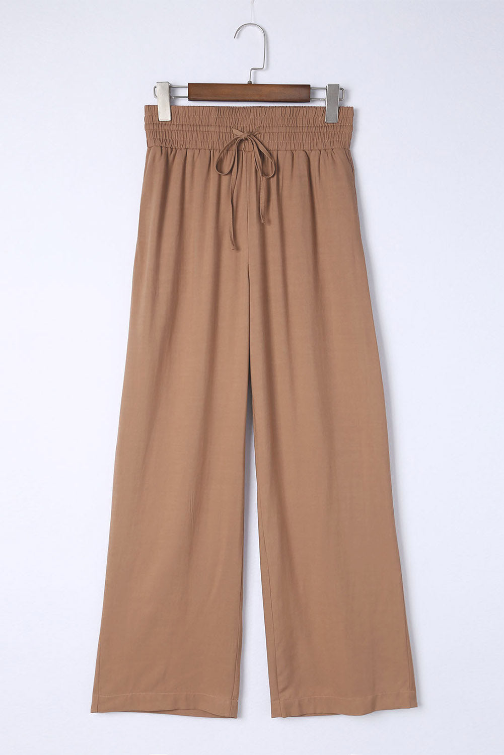 Black Plain Drawstring Shirred Elastic Waist Wide Leg Pants